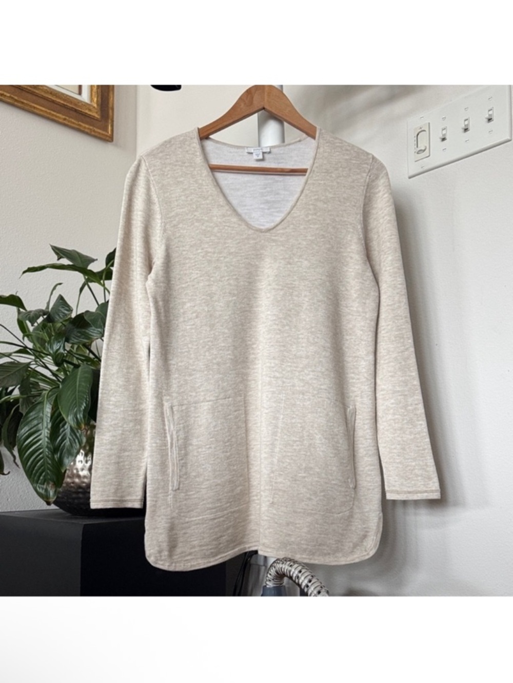 Purejill J Jill Knit Tunic Sweater Sz XS Beige Ivory V Neck Front Pockets slit